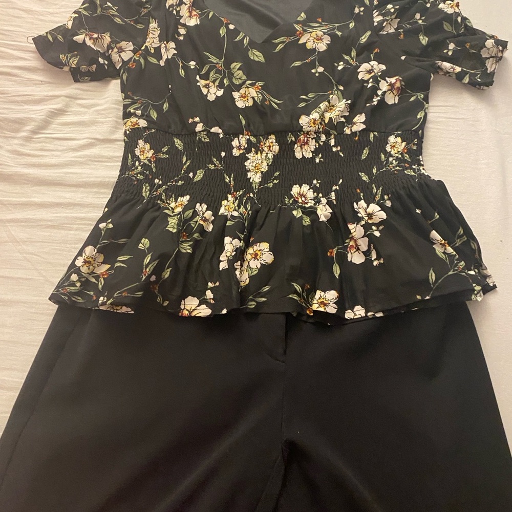 Floral Black Peplum Top and Pants Set Bundle